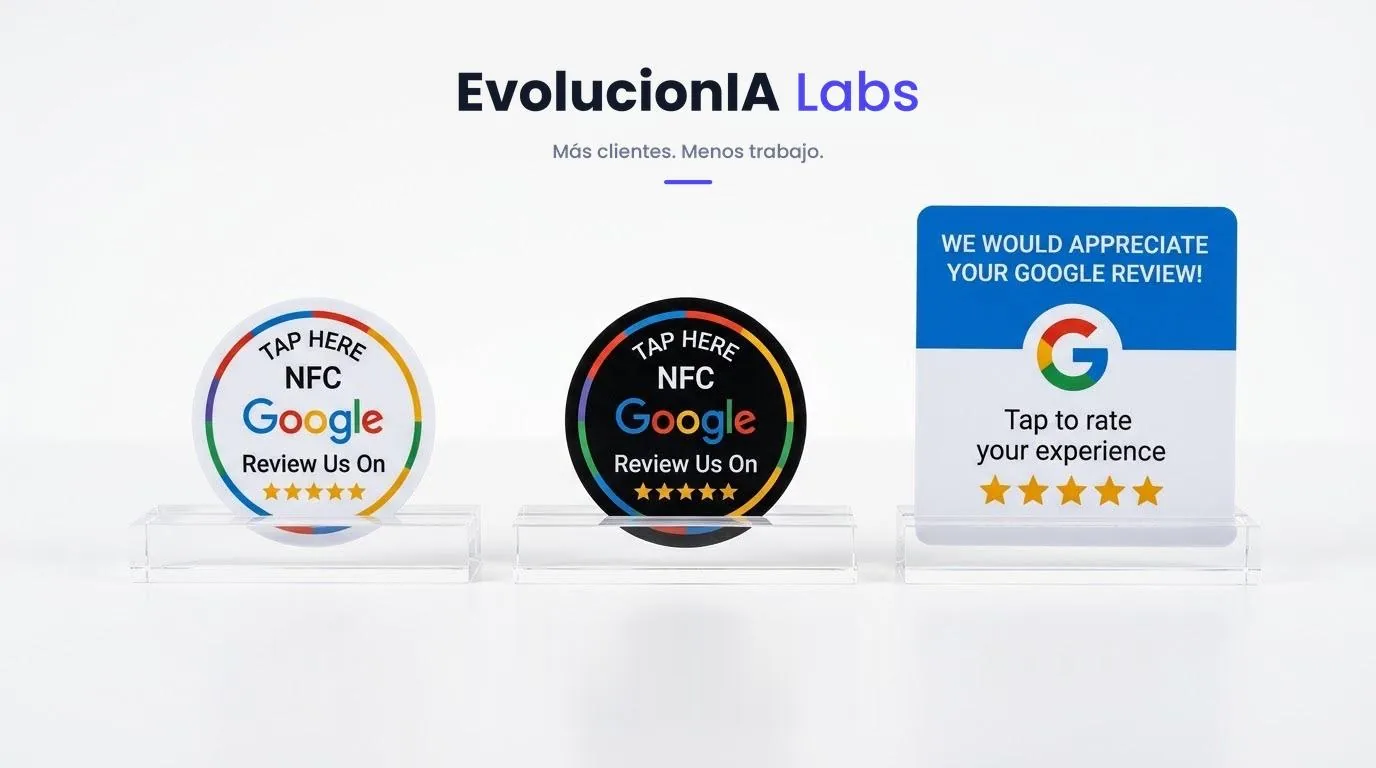 Los tres modelos de tarjeta NFC de reseñas de Google: disco blanco, disco negro y placa grande, sobre soportes transparentes